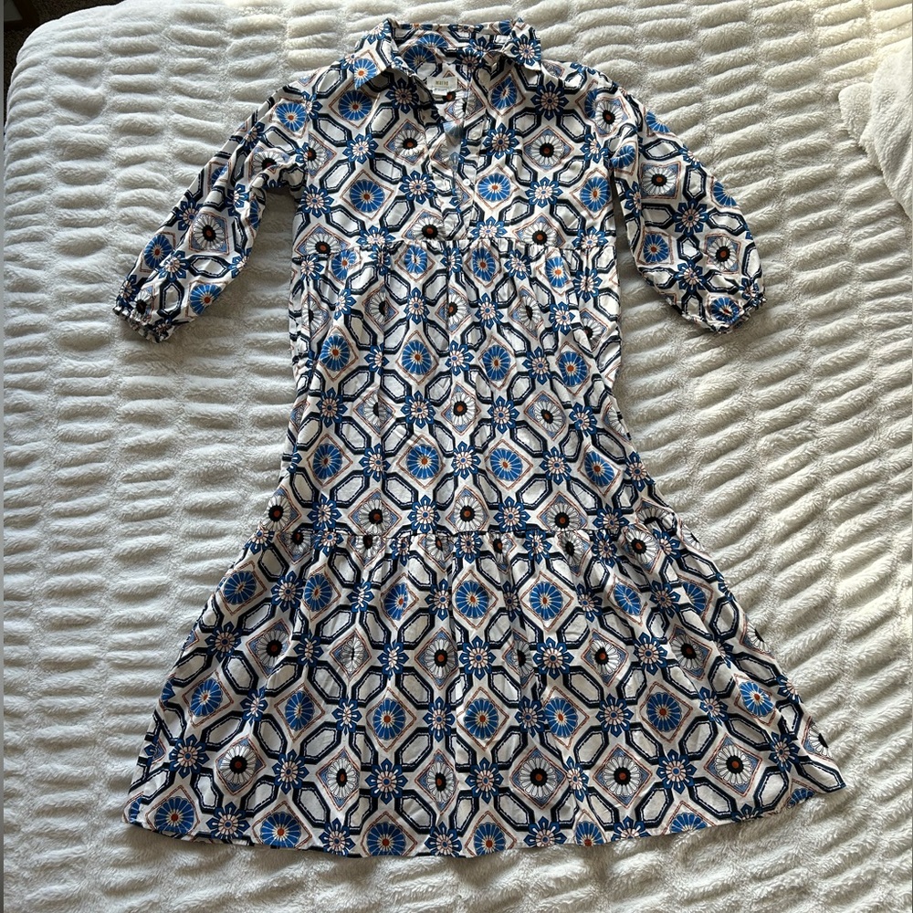 Maeve by Anthropologie Blue and White Floral Geometric Dress